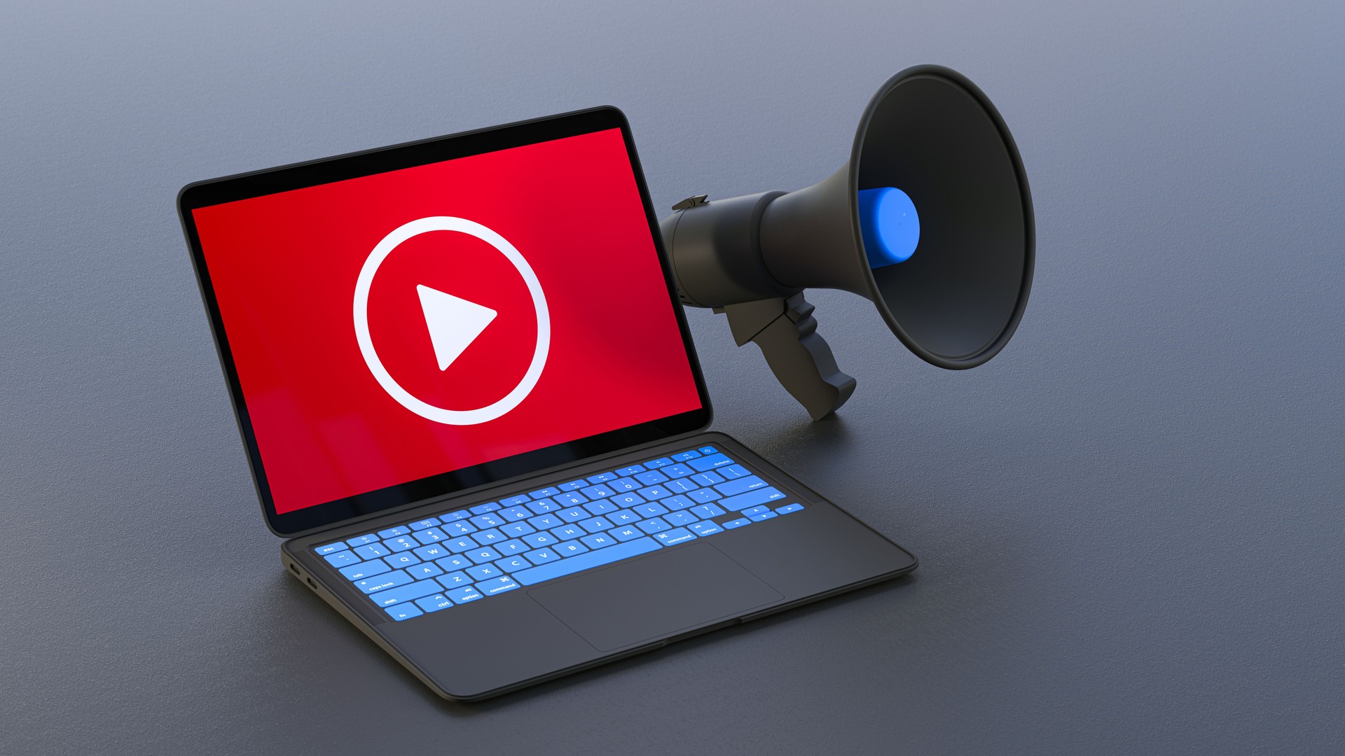 Video Marketing Concept Featuring a Laptop with a Playing Icon on the Screen, Illustrating Digital Advertising and Content Promotion Strategies. 3D Rendering.